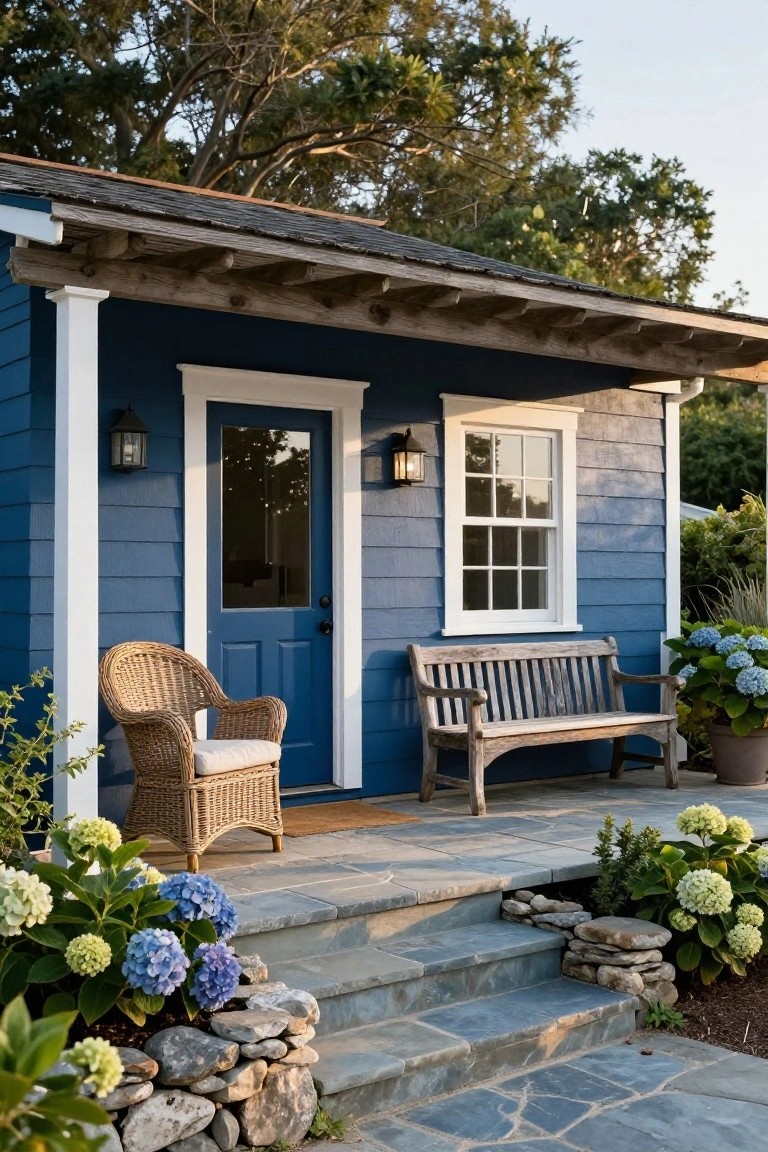 Blue shingle-style cottage exterior with covered porch, wicker armchair, wooden bench, blue door, white-trimmed window, wall lanterns, hydrangea plants, stone steps, and rock edging.