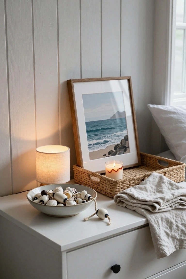 White nightstand next to a bed with pillow and linen throw, topped by a bowl of white seashells, seagrass tray with lit candle, fabric lamp, and framed beach print against white paneled wall.
