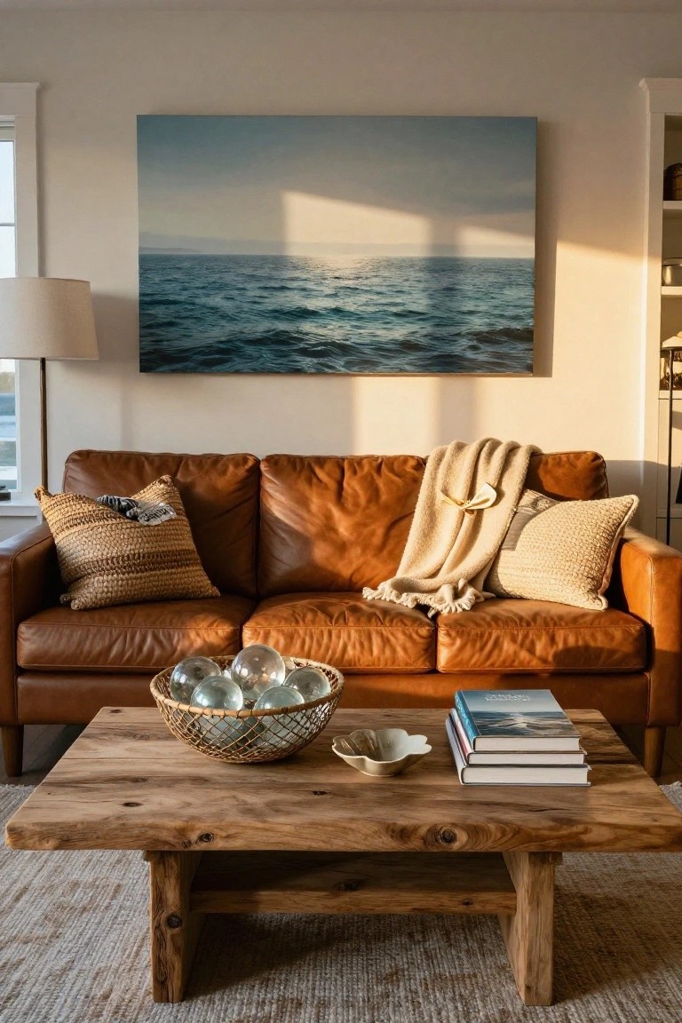 Living room with tan leather sofa, woven pillows, cream throw blanket, rustic wooden coffee table holding woven basket of clear glass orbs, white dish, and stacked books, large ocean seascape painting above sofa, floor lamp, bookshelves, window, and beige rug.