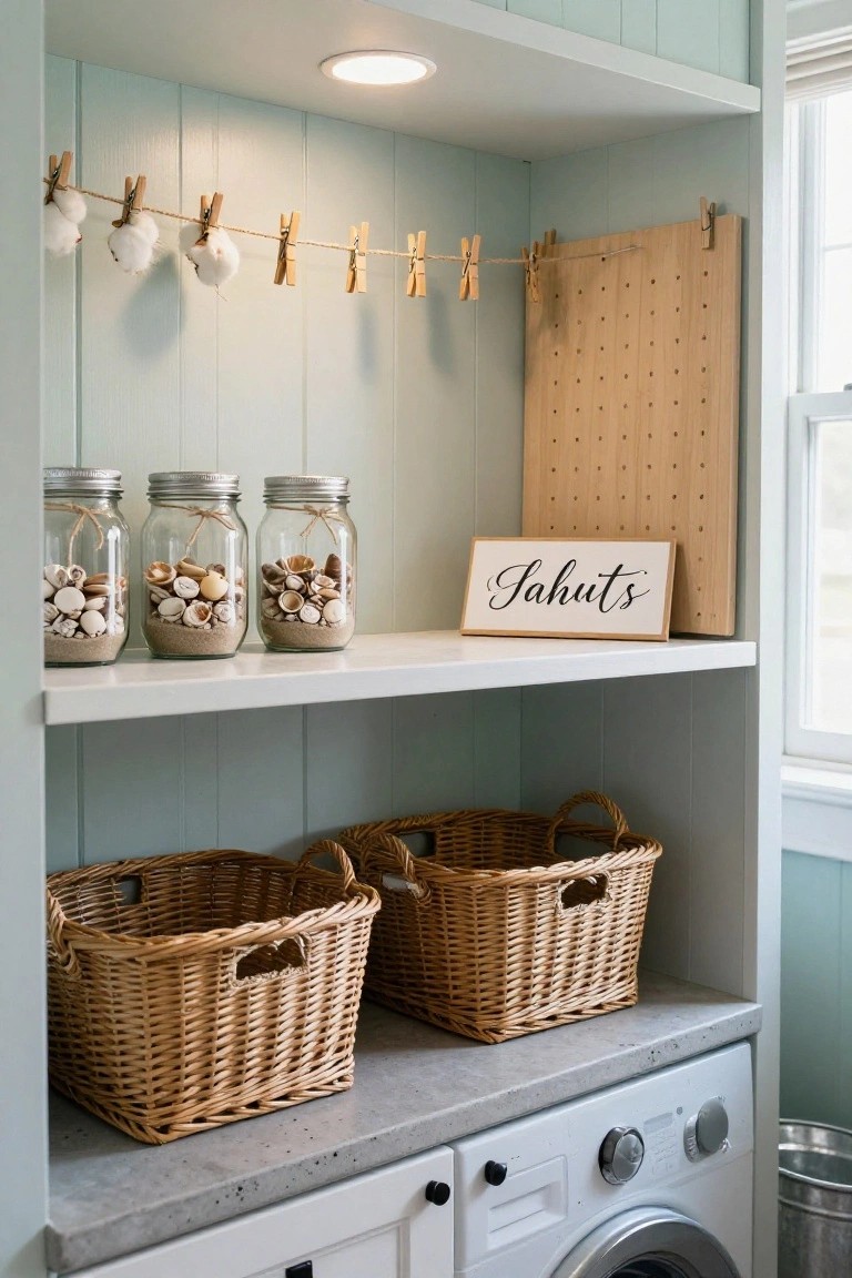 Light blue shiplap laundry room shelves holding mason jars filled with seashells and sand, wooden pegboard sign, wicker baskets below, cotton balls clipped to clothespins on hanging twine, washer dryer and metal bucket at bottom.