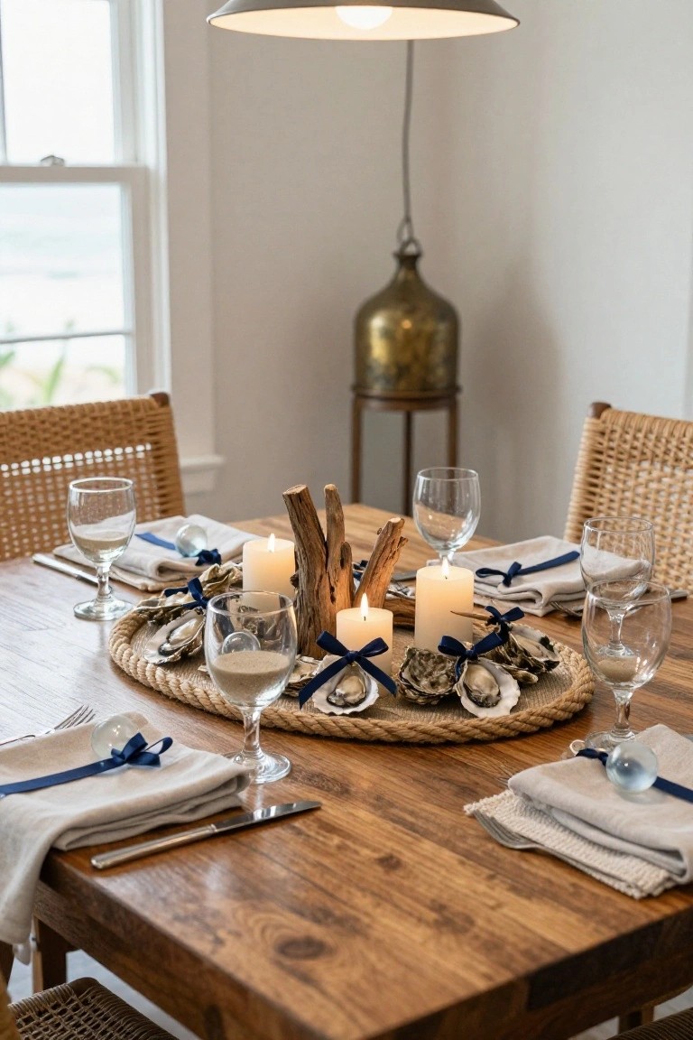 Wooden dining table with coastal Christmas centerpiece on rope tray featuring oyster shells, driftwood, candles, and navy ribbons, set with white wine glasses, napkins, and flatware, rattan chairs, brass lamp, and ocean view window.