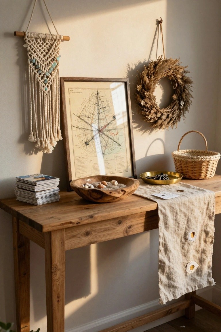 Corner of a room with beige walls featuring a macrame wall hanging with turquoise beads, a framed antique map, a dried wheat wreath, and a woven basket, next to a wooden console table holding stacked magazines, a wooden bowl with shells and stones, a brass tray with keys, and a linen runner.