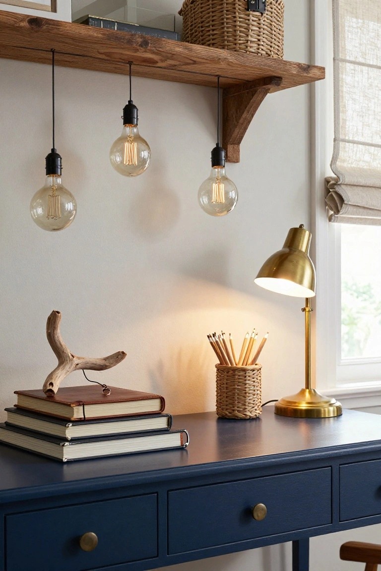Navy desk with stacked books topped by a twisted driftwood branch, wicker pencil holder, and lit gold desk lamp, below a wooden shelf holding a wicker basket and three hanging exposed-filament bulb pendants.