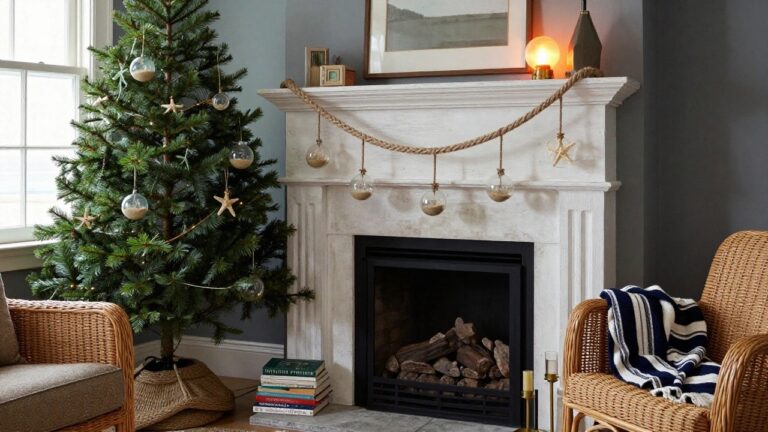 19 Coastal Christmas Ornament Ideas That Bring Beachy Holiday Vibes Small potted Christmas tree decorated with clear glass baubles filled with sand and gold bells stands in a white-walled room corner by a fireplace mantel with starfish garland, rattan chairs, and ocean view window.
