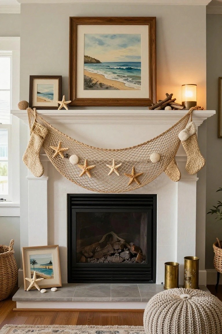 A living room fireplace mantel decorated with a beige fishing net garland strung with white starfish, shells, and burlap Christmas stockings, with beach artwork and driftwood accents nearby.