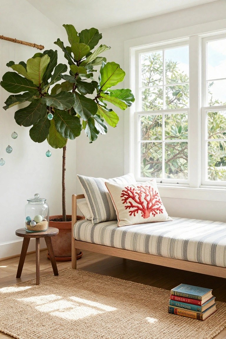 Indoor corner with fiddle leaf fig plant hung with blue glass ornaments, striped daybed topped with coral embroidery pillow and white pillows, glass jar of shells on wooden stool, stack of books on seagrass rug, near white-framed windows.