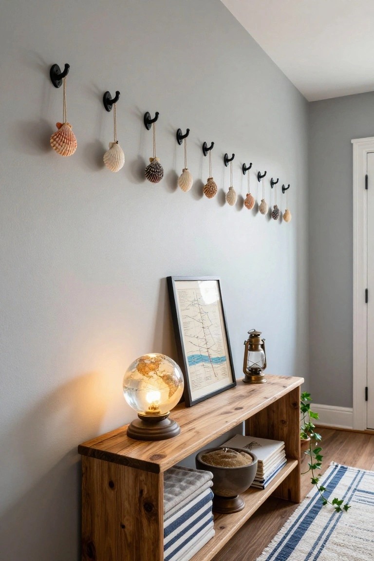 Gray hallway wall lined with black hooks holding various seashell ornaments on strings, next to a wooden console table with a globe lamp, framed map, brass lantern, books, and potted plant.