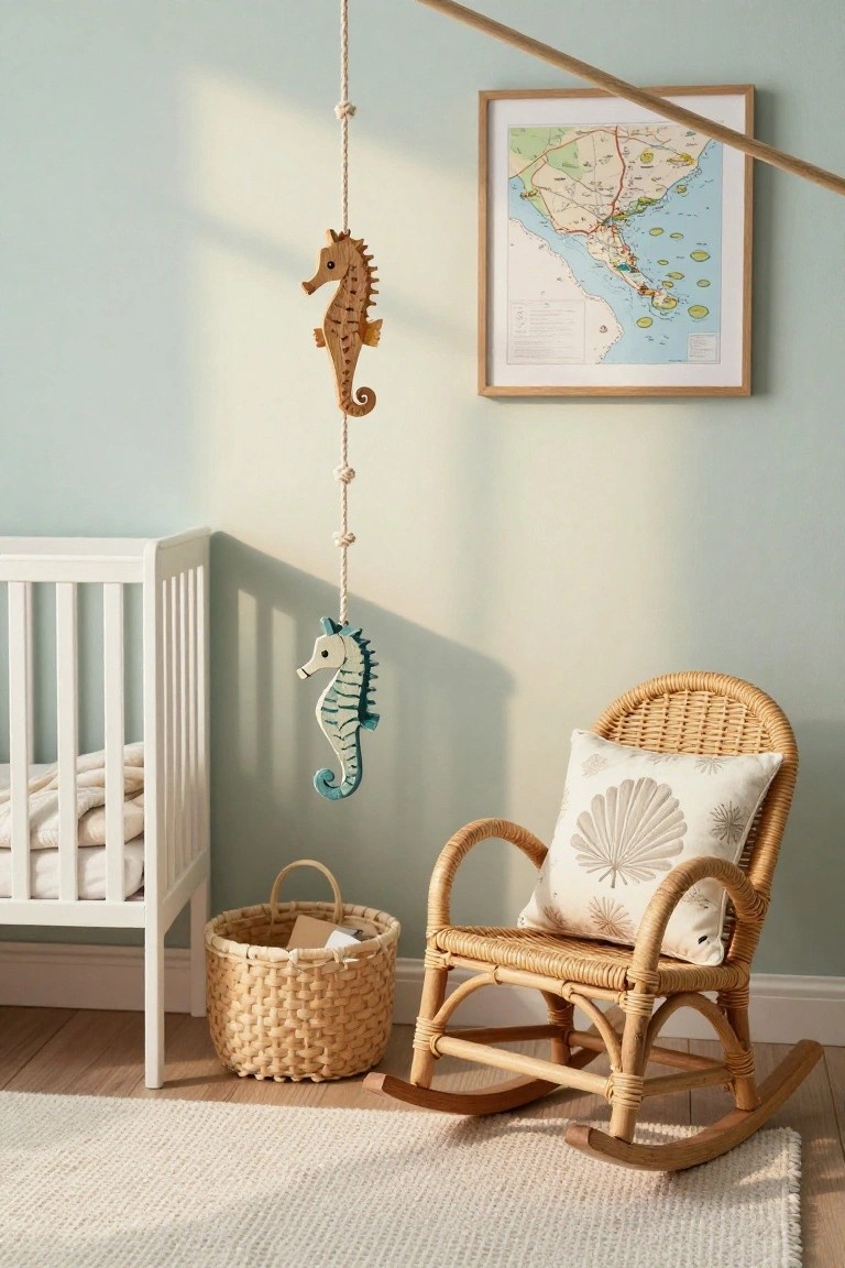 Light blue nursery with white crib, rattan rocking chair with white shell-patterned pillow, woven basket on wood floor, two wooden seahorses hanging from beam, and framed nautical map on wall.