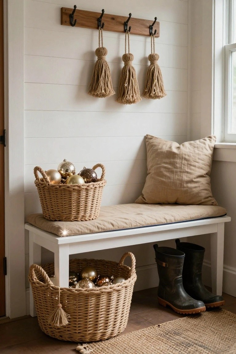 Entryway with white shiplap walls, wooden hooks with beige tassels, beige cushioned bench, two stacked wicker baskets filled with gold Christmas ornaments, black rain boots beside larger basket on floor, seagrass rug.