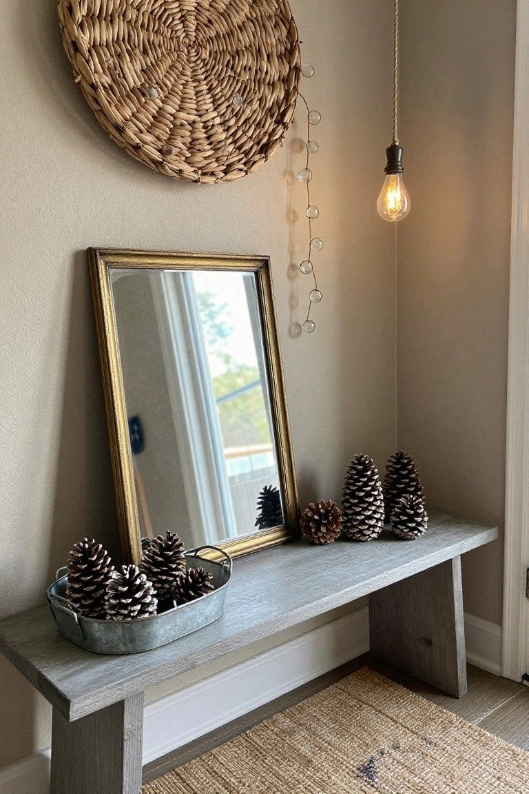 Corner indoor space with gold-framed mirror, gray wooden bench holding galvanized tray filled with pinecones, additional standing pinecones, woven wall hanging, string lights with glass beads, Edison bulb pendant, and jute rug on wood floor.