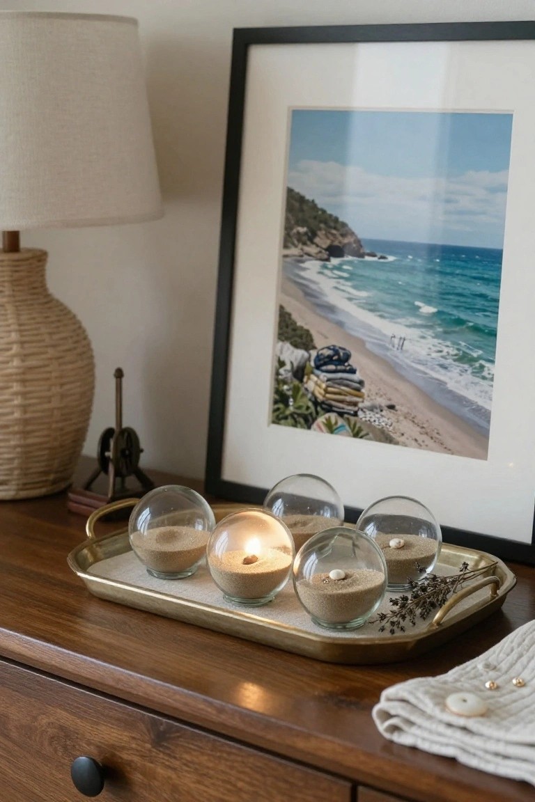 A stylish tray with glass candle holders filled with sand, next to a lamp and framed beach artwork.