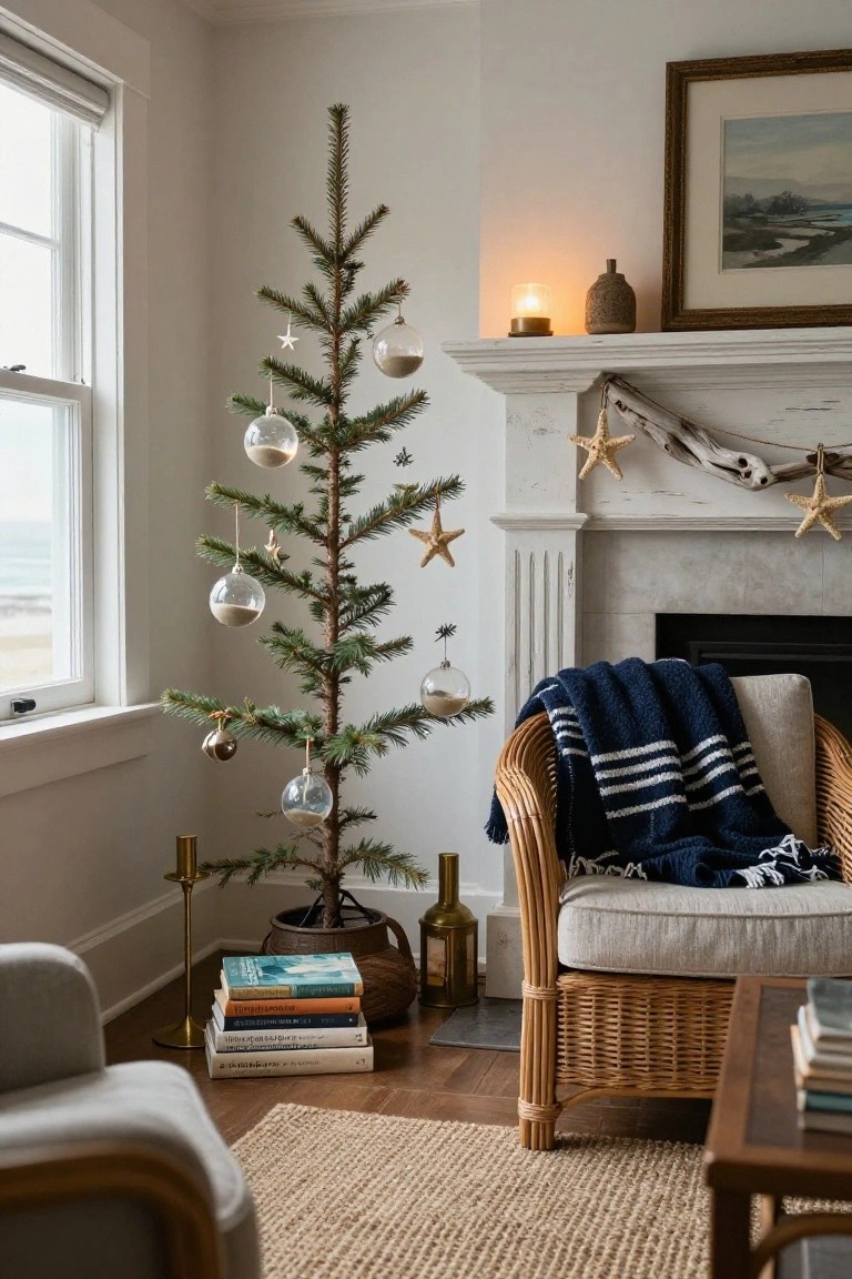 Small potted Christmas tree decorated with clear glass baubles filled with sand and gold bells stands in a white-walled room corner by a fireplace mantel with starfish garland, rattan chairs, and ocean view window.