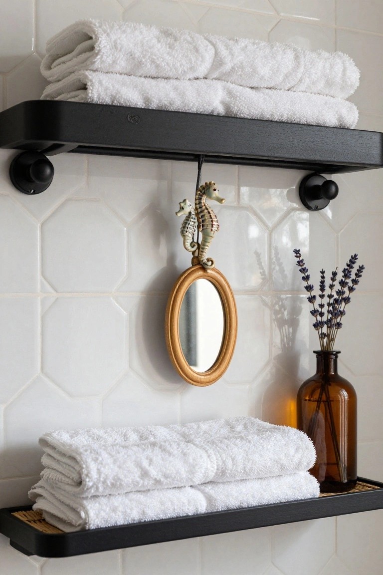 Black metal shelves mounted on white hexagonal tiled bathroom wall holding stacked white towels, with a hanging seahorse ornament between shelves, gold-framed round mirror, lavender bundle in glass bottle, and amber glass vase on lower shelf.