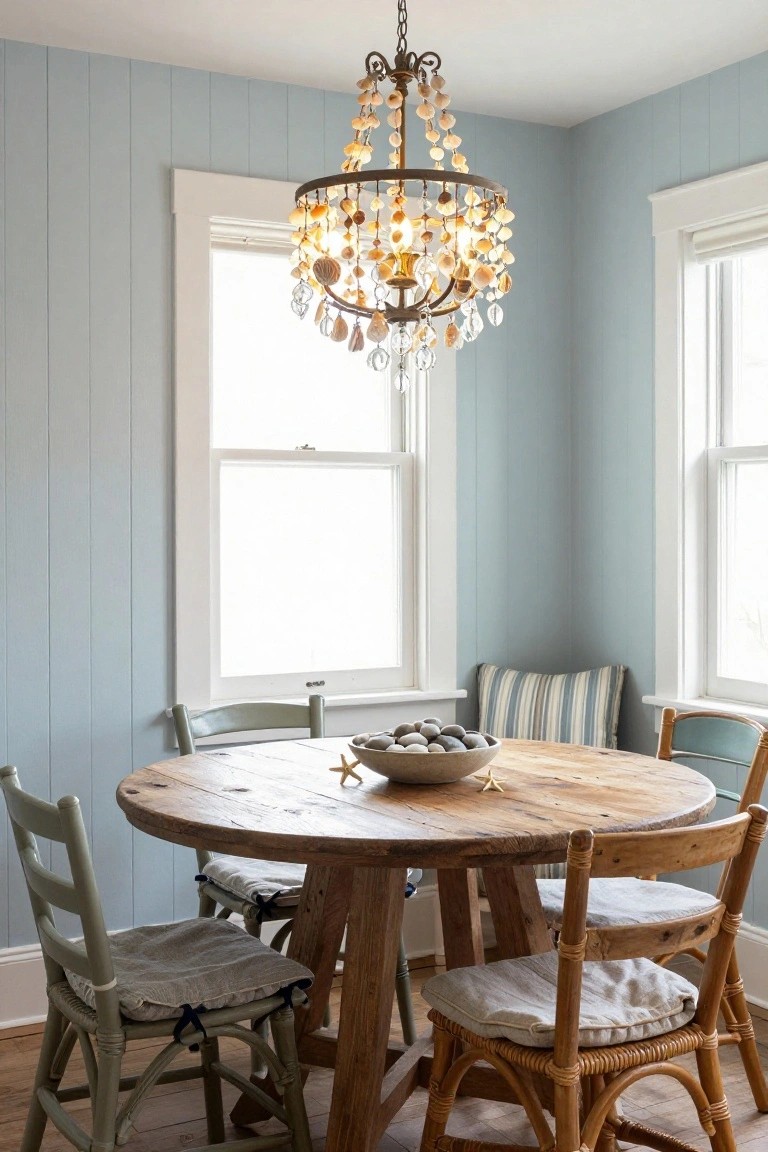 Corner dining area in a room with light blue vertical plank walls, brass and seashell chandelier, round distressed wood table with bowl of stones and starfish centerpiece, mix of green painted wood chairs and rattan chairs with linen cushions, large white-framed windows.