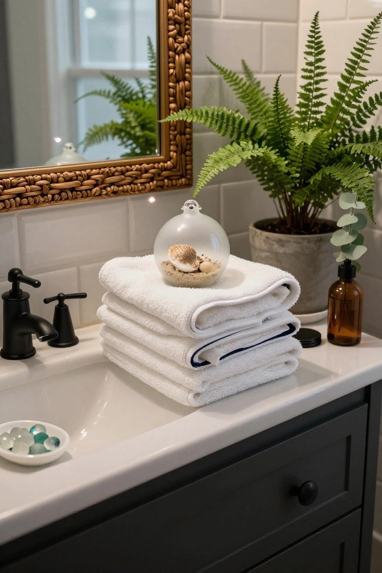 Bathroom vanity with stacked white towels topped by a clear glass orb containing a seashell and sand, black faucet and handles at the sink, potted ferns and eucalyptus, small brown bottle, sea glass bowl, ornate rattan mirror, and white subway tile wall.