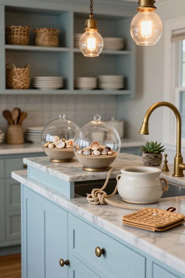 Kitchen island countertop with two glass dome terrariums filled with sand and seashells on gold bases, blue cabinets, brass faucet and handles, woven baskets, plates on open shelves, and rope accents.