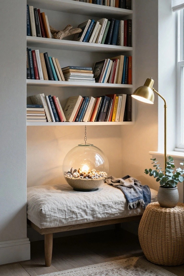 Cozy indoor reading nook corner with white built-in bookshelves stocked with books and driftwood, beige linen bench on wooden legs, large clear glass globe on floor filled with sand shells and lit bulb, gold arc lamp, potted eucalyptus plant, woven stool, and neutral rug.