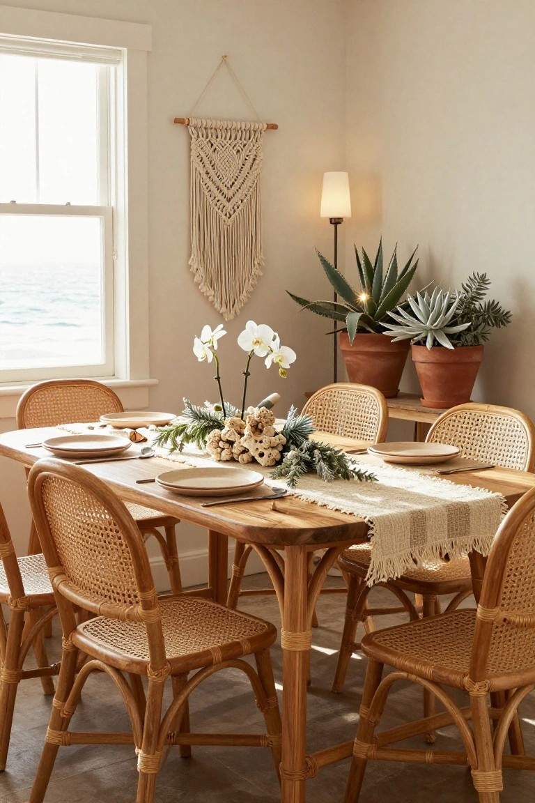 Dining room featuring rattan chairs at a wooden table with neutral plates, a fringed beige runner, white orchids, pine branches, shells, and coral centerpiece, plants nearby, macrame wall hanging, and window view of ocean.