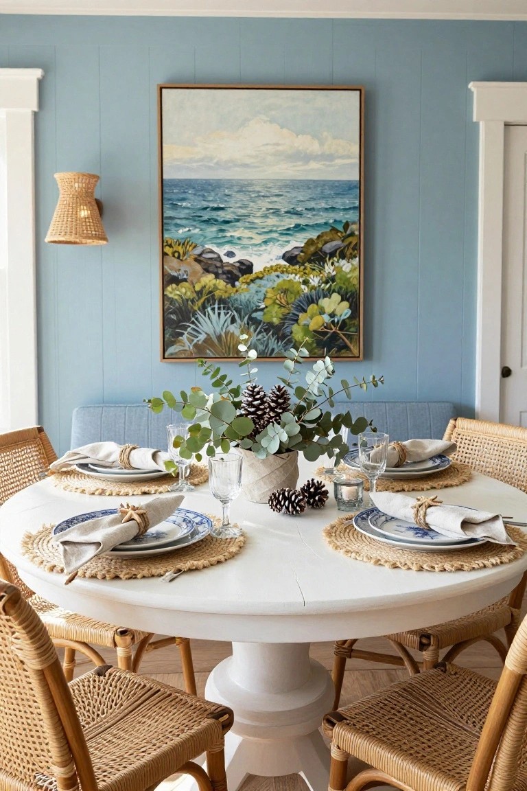 Round white pedestal dining table in light blue paneled room set with seagrass placemats, blue and white plates, knotted napkins, eucalyptus branches in white pot, scattered pinecones, rattan chairs, blue tufted bench, rattan wall sconce, and framed ocean painting.