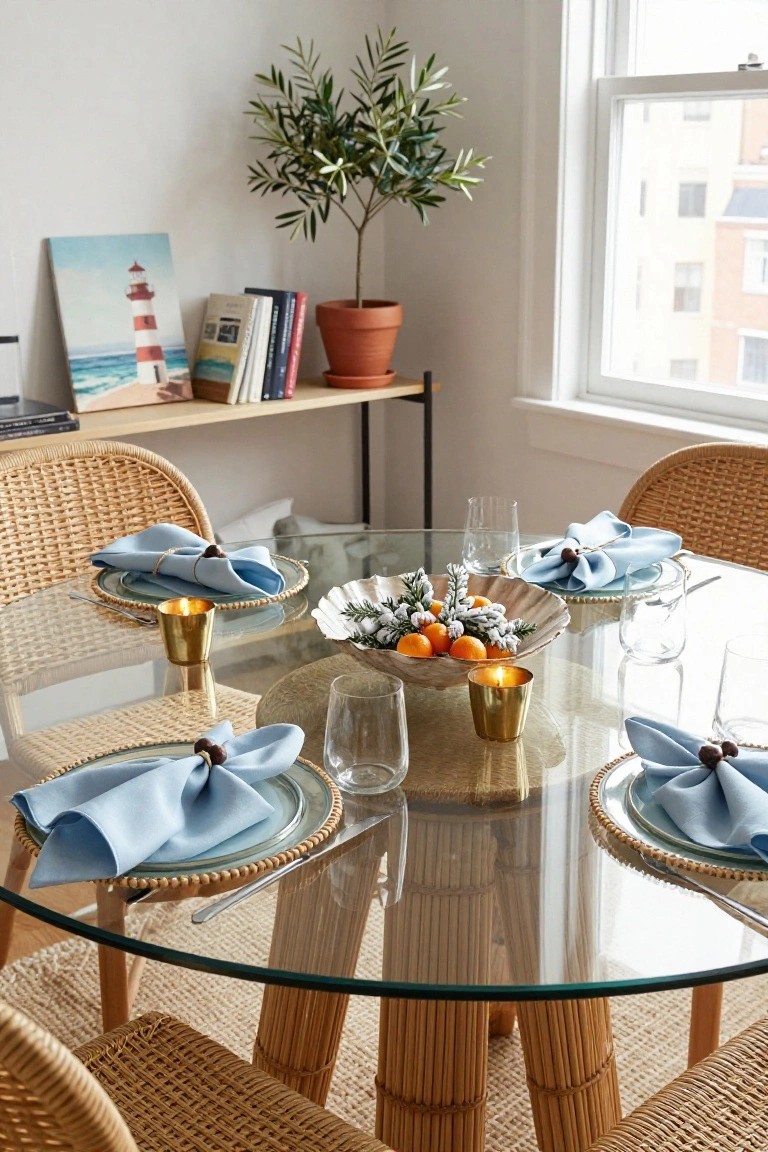 Round glass dining table on rattan base with four rattan chairs, set for four with blue napkins tied with wooden beads on rattan-edged plates, gold candles, wine glasses, and central scallop shell bowl of oranges and frosted greenery, in a bright room with olive tree, bookshelves, and lighthouse art.