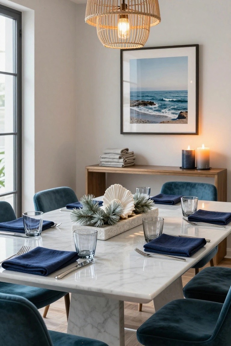 Dining table with white marble top set for a meal, featuring blue velvet chairs, navy napkins, glassware, flatware, and a centerpiece of white shells with blue spruce branches, flanked by candles on a sideboard with towels and ocean photo on the wall.