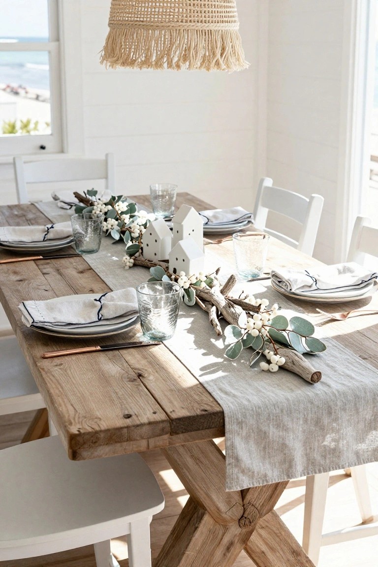 Coastal dining table in a white room with wooden chairs and ocean view, set with white plates, linen napkins, glassware, and a centerpiece of driftwood, eucalyptus, and white berries on a linen runner.