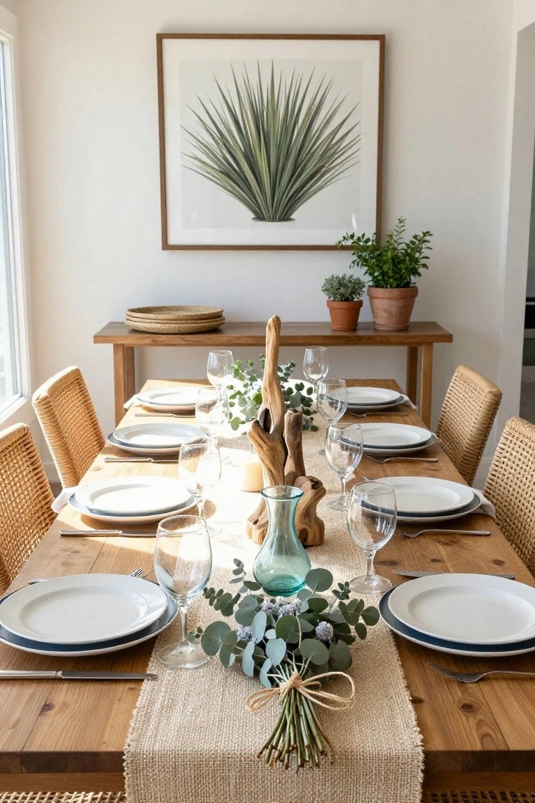 Dining table set with white plates, wine glasses, burlap runner, driftwood sculpture holding blue vase, eucalyptus bunches, and rattan chairs in a white-walled room with yucca artwork and potted plants on a side table.