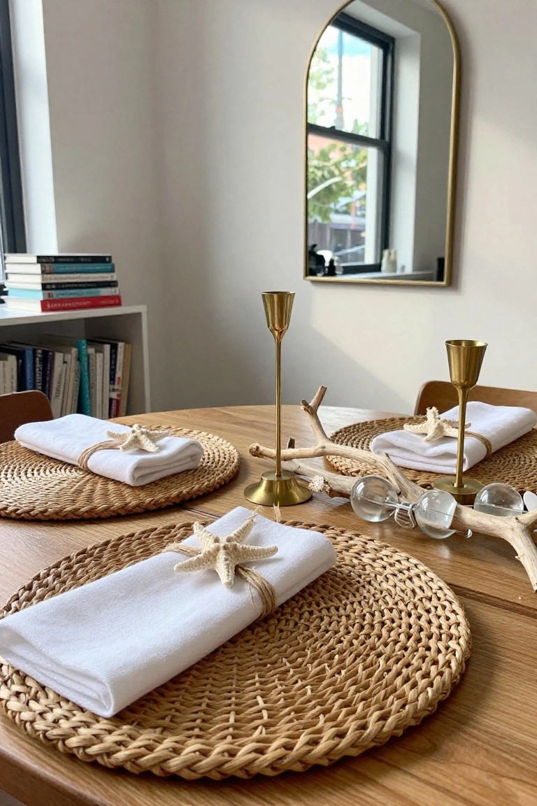 Close-up of a wooden dining table set for three with round seagrass placemats, folded white napkins tied with starfish and twine, gold candlesticks, scattered driftwood branches, and clear glass orbs, beside bookshelves and an arched mirror in a bright room.