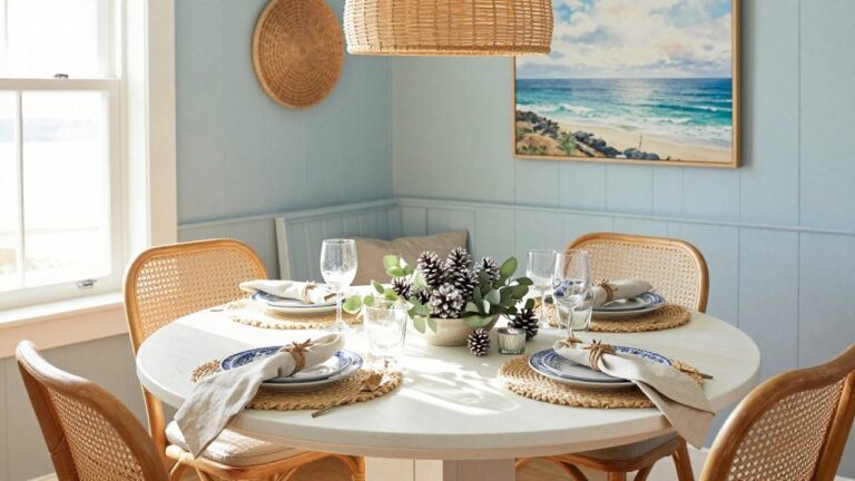 19 Coastal Christmas Table Decor Ideas That Feel Fresh and Breezy Round white pedestal dining table in light blue paneled room set with seagrass placemats, blue and white plates, knotted napkins, eucalyptus branches in white pot, scattered pinecones, rattan chairs, blue tufted bench, rattan wall sconce, and framed ocean painting.