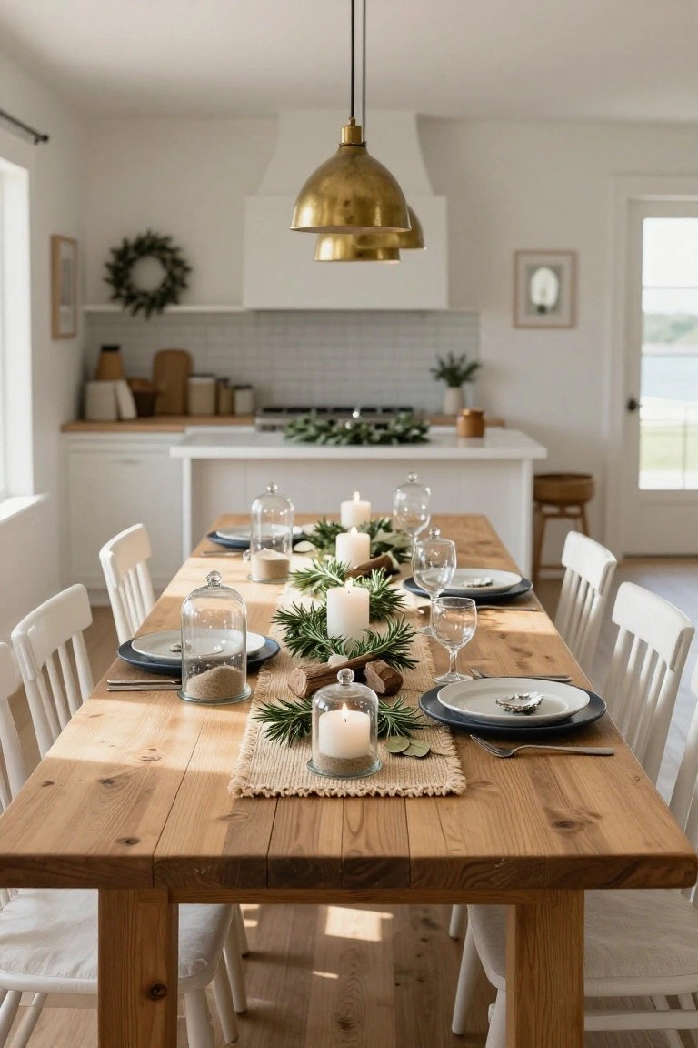 Dining table in a light-filled kitchen with wooden surface, white chairs, glass cloches containing sand and pinecones, greenery branches, candles, blue-rimmed plates, and wine glasses set for a meal.