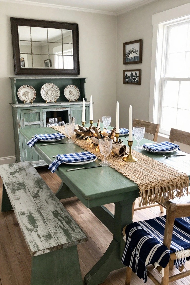 Dining room with green painted trestle table and benches, set for Christmas dinner using blue plaid napkins, white plates, seagrass runner, driftwood centerpiece with candles, flanked by wooden chairs and matching green buffet cabinet with plates displayed above.