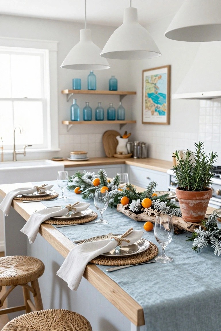 Kitchen island with blue linen runner, white napkins tied with twine, rattan placemats, wine glasses, and wooden tray centerpiece holding frosted pine branches, oranges, starfish, and driftwood, plus blue glass bottles on shelves and potted rosemary plant nearby.