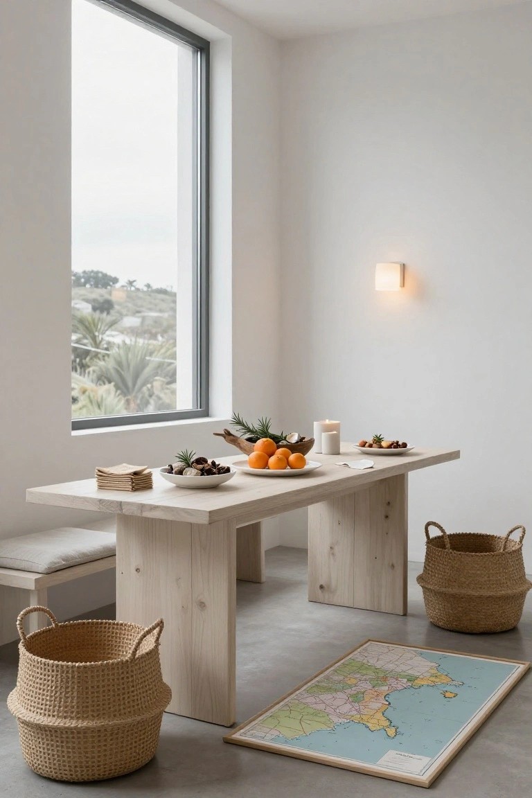 Light wooden dining table in a white-walled room with large window showing palm trees and hills, set with bowls of oranges, pine sprigs, shells, nuts, candle, and small plates, seagrass baskets on floor beside bench, and framed map rug underneath.
