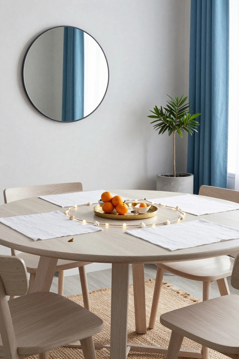 Round wooden dining table with oranges on a gold tray, surrounded by light chairs.