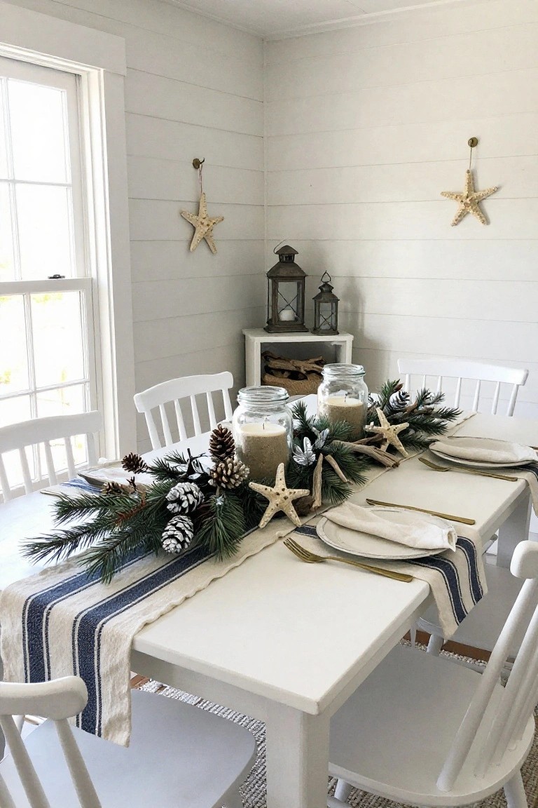 White wooden dining table with a lengthwise centerpiece of pine branches, white pinecones, starfish, driftwood, and candles in glass jars on a beige and navy striped runner, set with beige plates and gold flatware, white chairs, in a white shiplap room with a window.