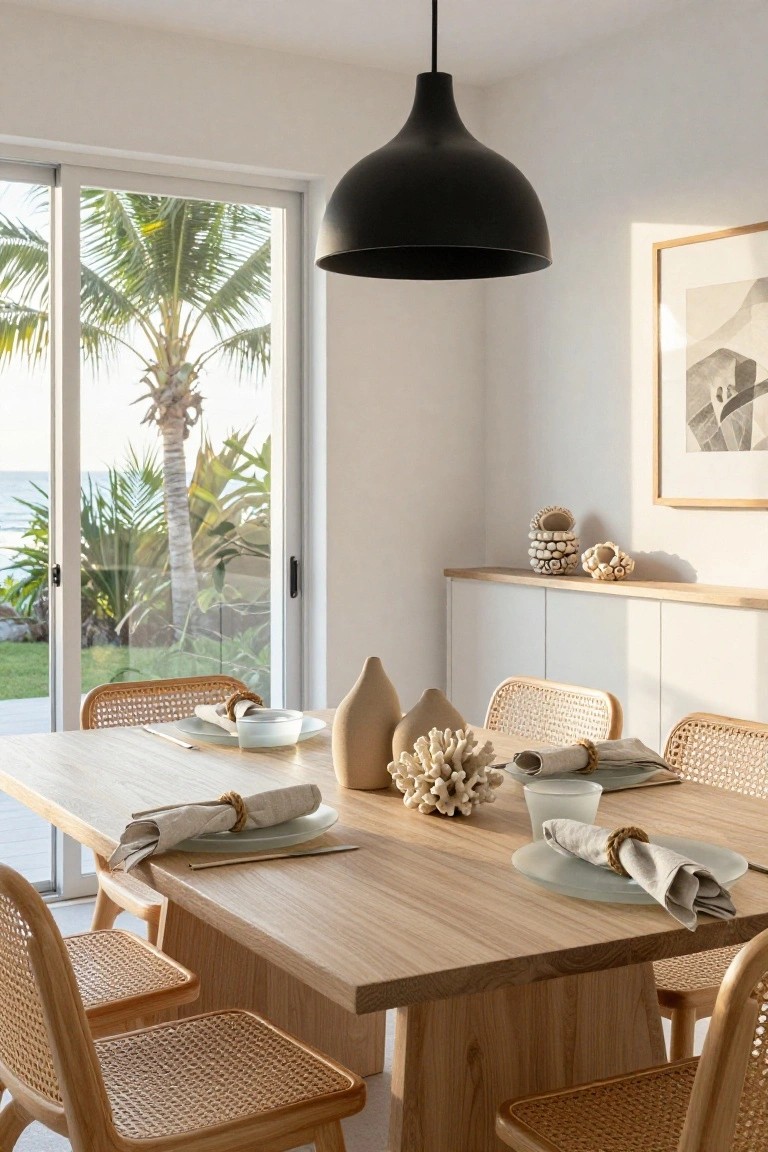 Modern dining room with a wooden table, black pendant light, and coastal decor.