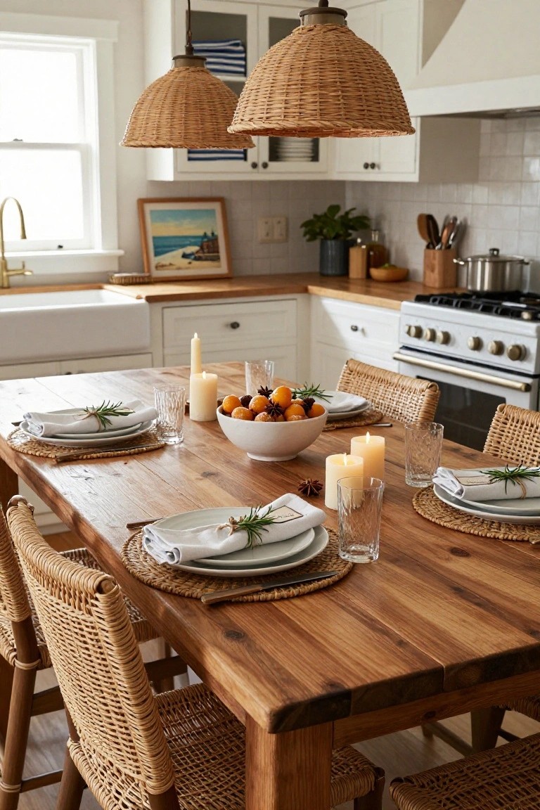 White kitchen with farmhouse sink and wood dining table set for four with woven placemats, white plates and napkins tied with rosemary, pillar candles, glasses, bowl of oranges with star anise, rattan chairs, and wicker pendant lights overhead.