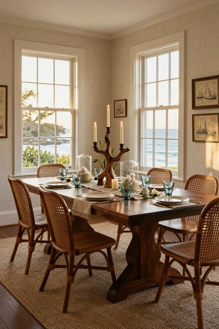 Dining room corner with wooden table set for a meal, branch candelabra with candles as centerpiece, rattan chairs, green glasses, white plates, and ocean view through large windows.