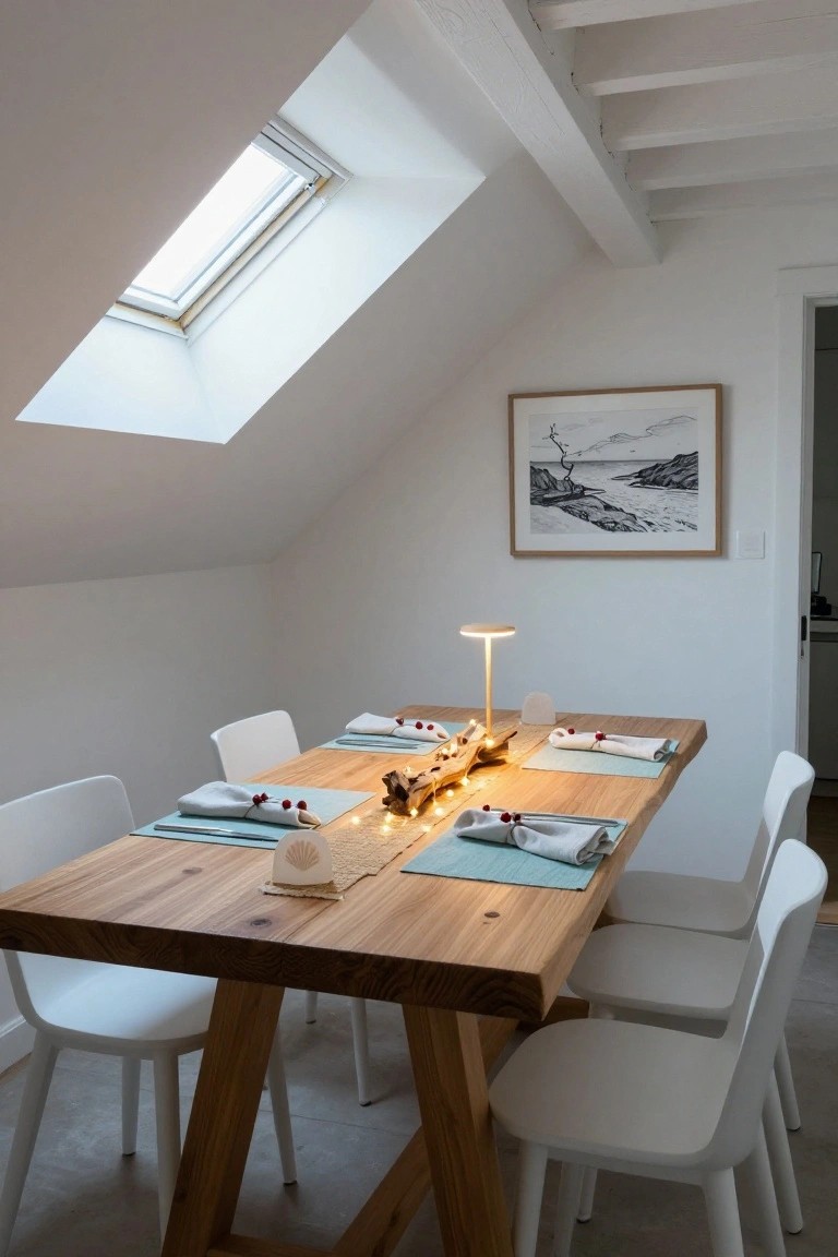 Wooden dining table in a white attic room with skylight and exposed beams, set for Christmas with driftwood runner strung with fairy lights and red berries, white napkins, and white chairs.