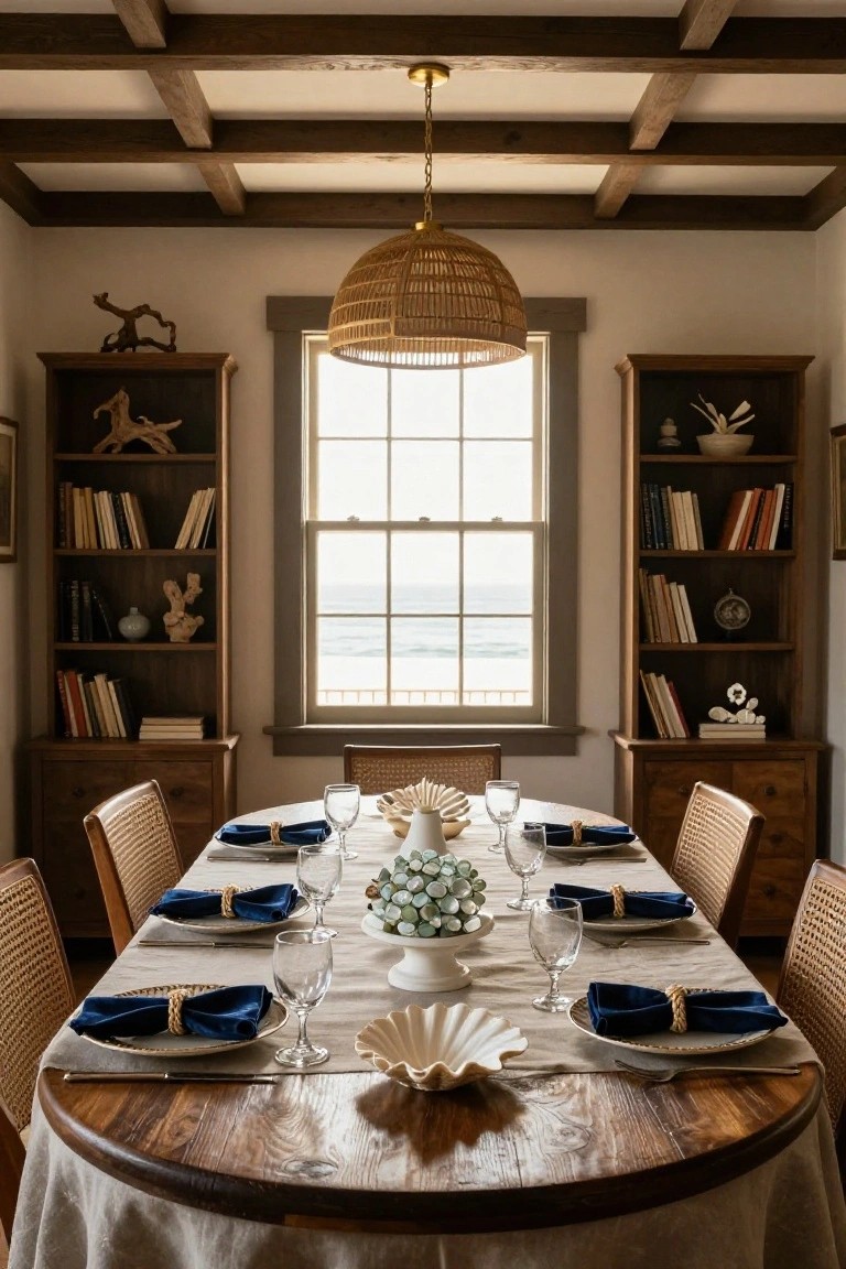 Cozy dining room with a wooden table, blue napkins, and a decorative centerpiece.