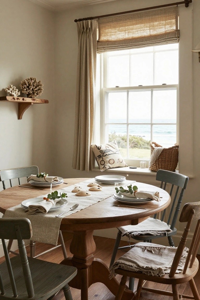 Round wooden dining table in a light beige room beside a large window with sea view, set with white plates on a linen runner, eucalyptus greenery on napkins, and small pastries.