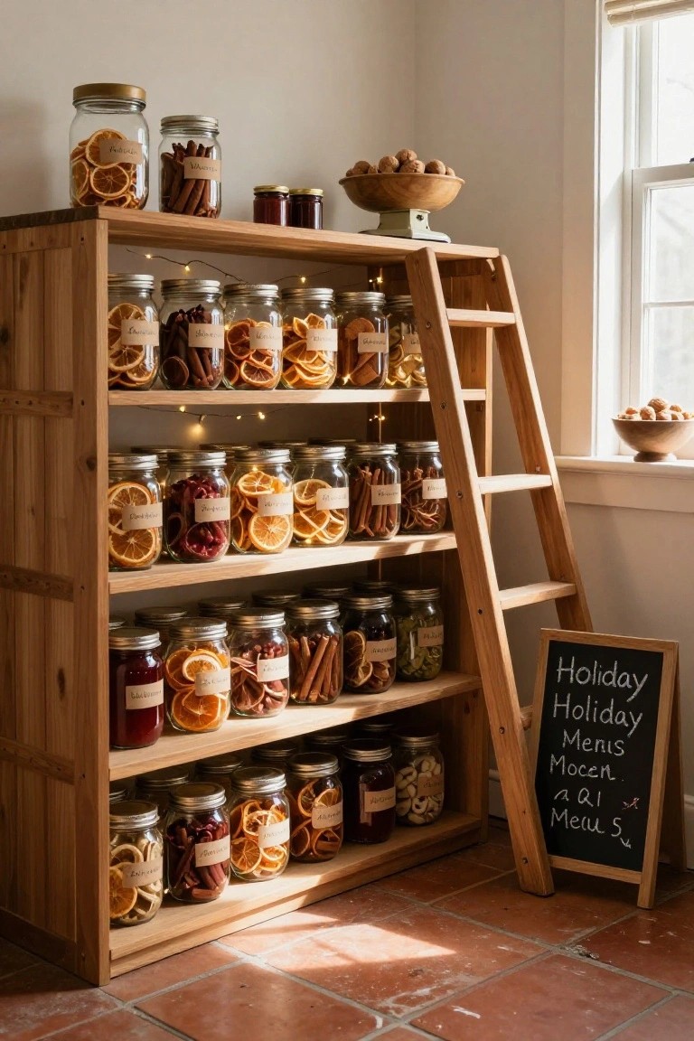 Wooden open shelving unit with integrated ladder, filled with labeled glass jars of dried orange slices, cinnamon sticks, nuts, and other ingredients, string lights along the shelves, wooden bowl of walnuts on top, chalkboard sign for holiday menus nearby, in a room with white walls, window, and terracotta tile floor.