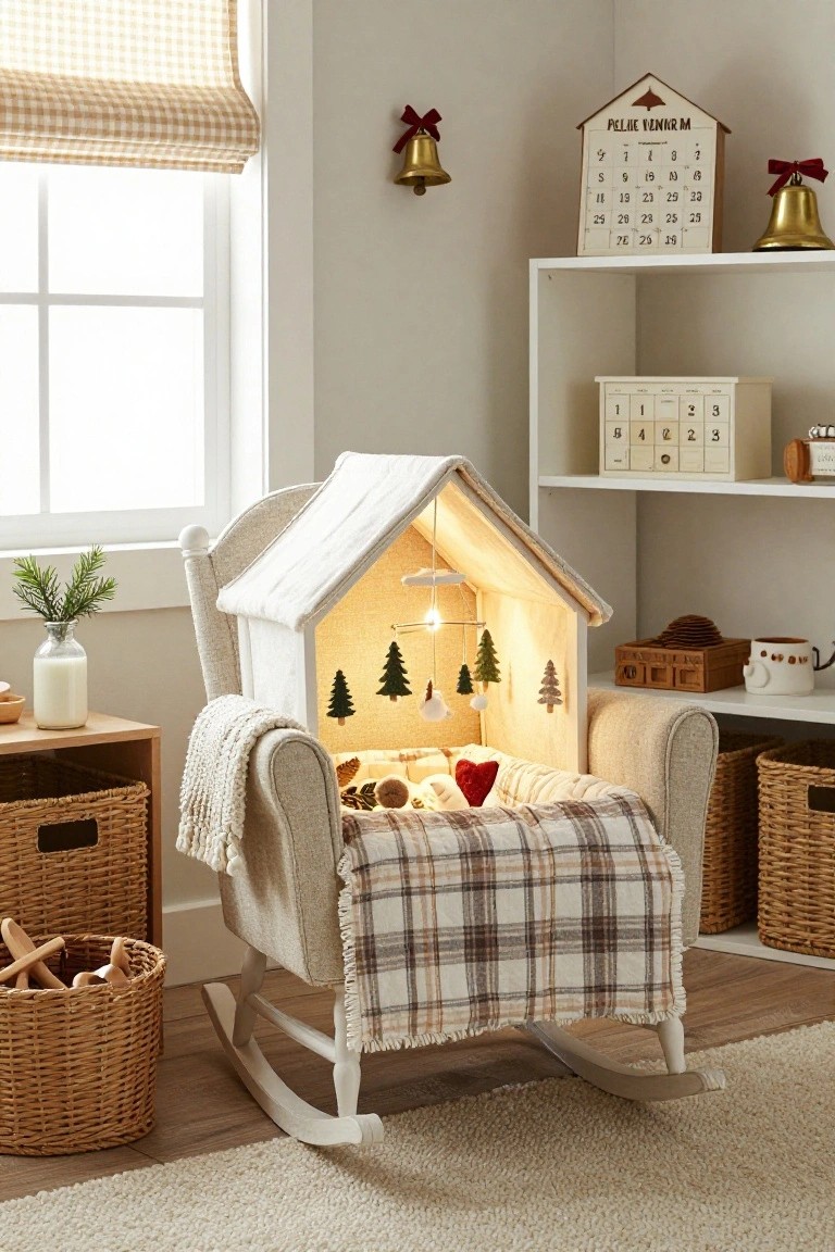 White rocking chair with fabric dollhouse canopy containing small Christmas trees, lights, and blankets in a neutral nursery room with shelves, baskets, and wooden toys.
