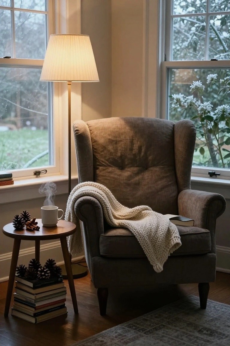 Beige wingback armchair in a light-colored room corner by large multi-pane windows showing snowy trees outside, with tall floor lamp, wooden side table holding stacked books, pinecones, cinnamon sticks, and steaming white mug, plus white knit blanket draped on chair.