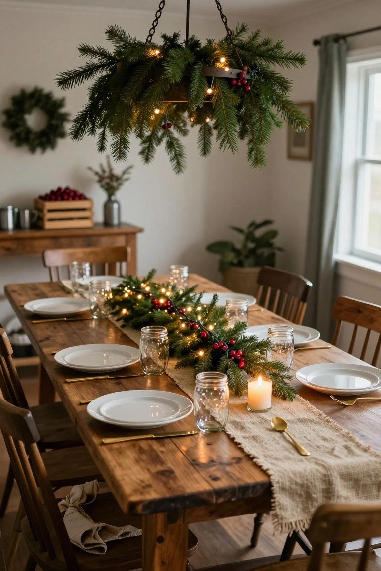 Rustic wooden dining table in a cozy room, set with white plates, gold flatware, mason jars, candles, and a long runner of fresh green pine branches, red berries, and fairy lights, under a hanging greenery chandelier.