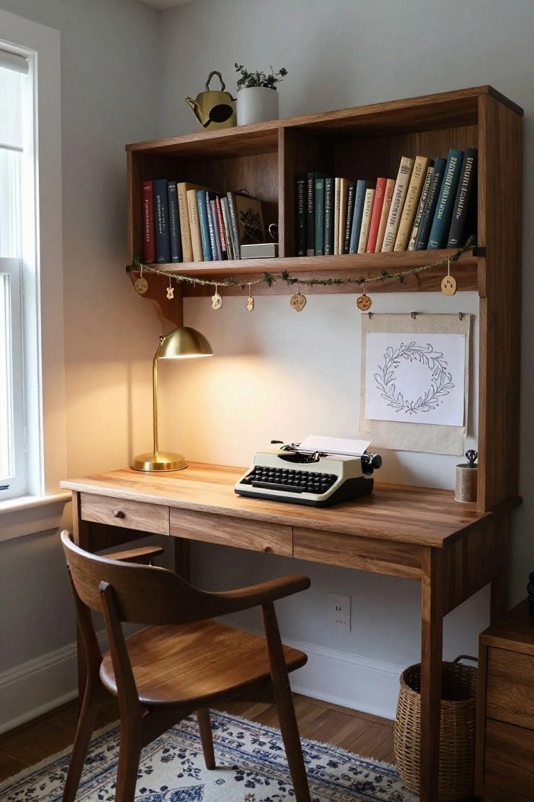 Wooden desk with vintage typewriter, gold desk lamp, and wooden chair in a light gray room featuring overhead bookshelves with books, a garland of greenery and wooden ornaments, and a fabric wreath on the wall.