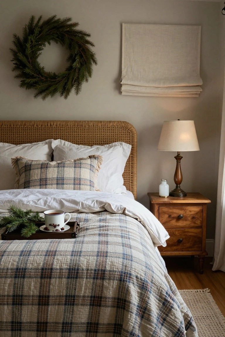 Bedroom interior featuring a rattan headboard, white pillows and plaid quilted bedding, wooden tray with teacup and evergreen branches on the bed, wooden nightstand with lamp and vase, beige roman shade, Christmas wreath on wall, and hardwood floor with rug.