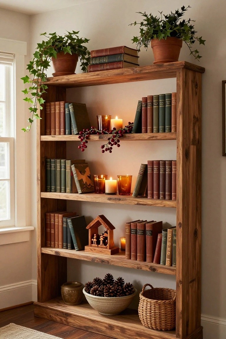 Wooden bookshelf with assorted old books in various colors, decorated with ivy plants, berry garlands, pillar candles in glass holders, a small nativity scene, pinecones in a bowl, and a woven basket on the bottom shelf, next to a window in a light room.