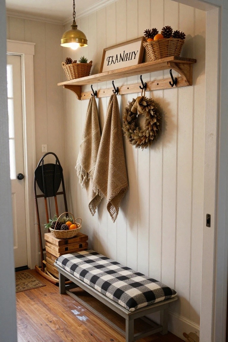 Cozy interior entryway with beige board-and-batten walls, brass pendant light, wooden wall shelf with hooks holding tan towels and wheat wreath, black-and-white checkered bench cushion on metal frame, wooden crates and wicker basket with oranges and pinecones next to vintage wooden chair, hardwood floor by glass-paneled door.