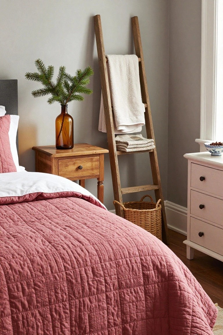 Corner of a bedroom with a wooden ladder shelf draped with white towels, a nightstand holding a brown glass bottle of fir branches, a bed covered in a pink quilt, a wicker basket, and a white dresser next to a window.